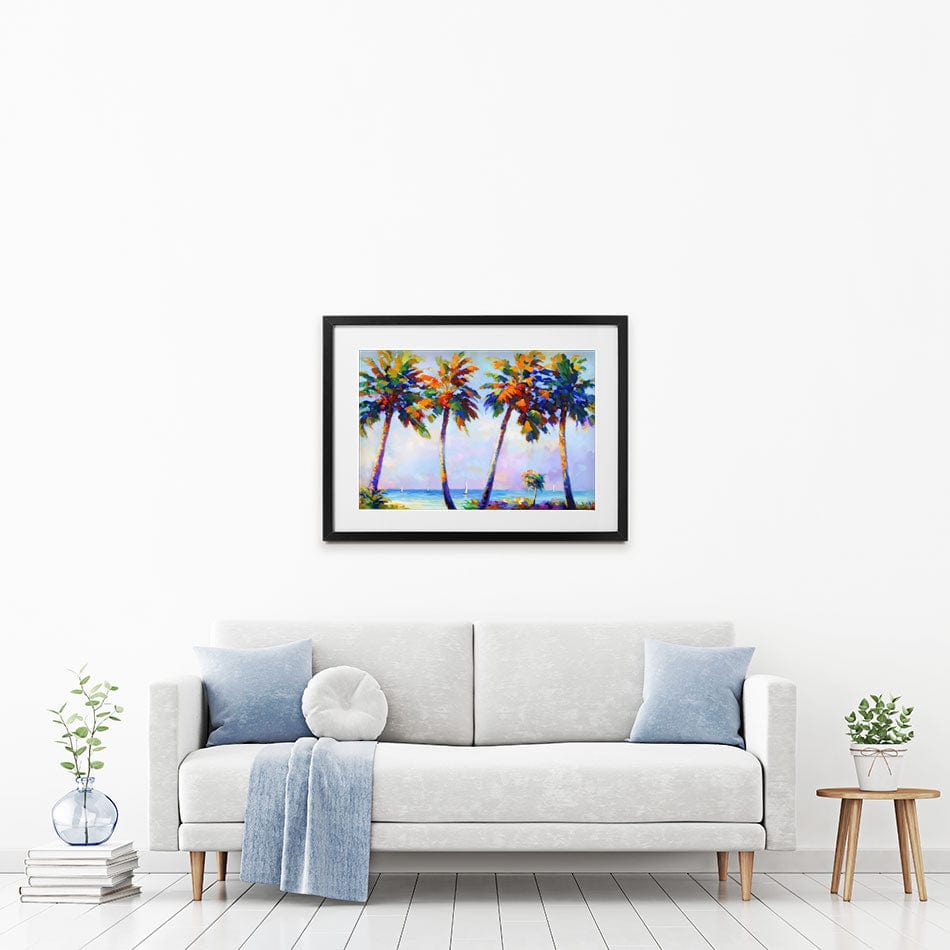 Palm Trees In The Suns Warmth Framed Art Print wall art product Leon Devenice