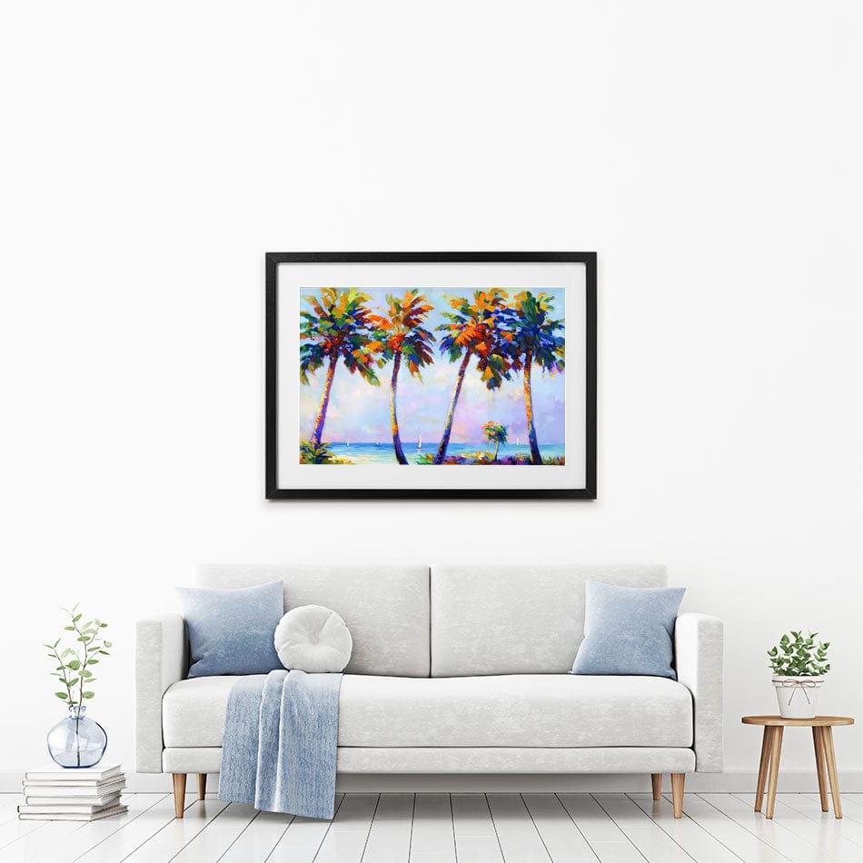 Palm Trees In The Suns Warmth Framed Art Print wall art product Leon Devenice