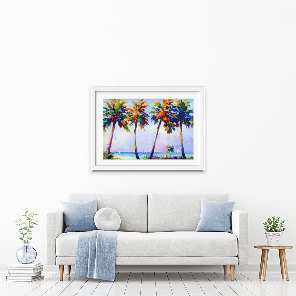 Palm Trees In The Suns Warmth Framed Art Print wall art product Leon Devenice