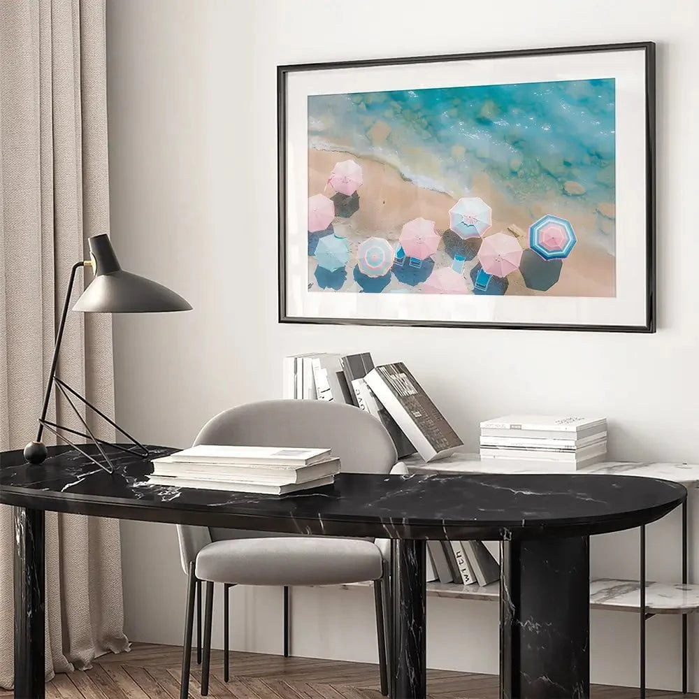 Pastel Beach Umbrellas Framed Art Print Pastel Beach Umbrellas Framed Art Print wall art product Art Print Shop