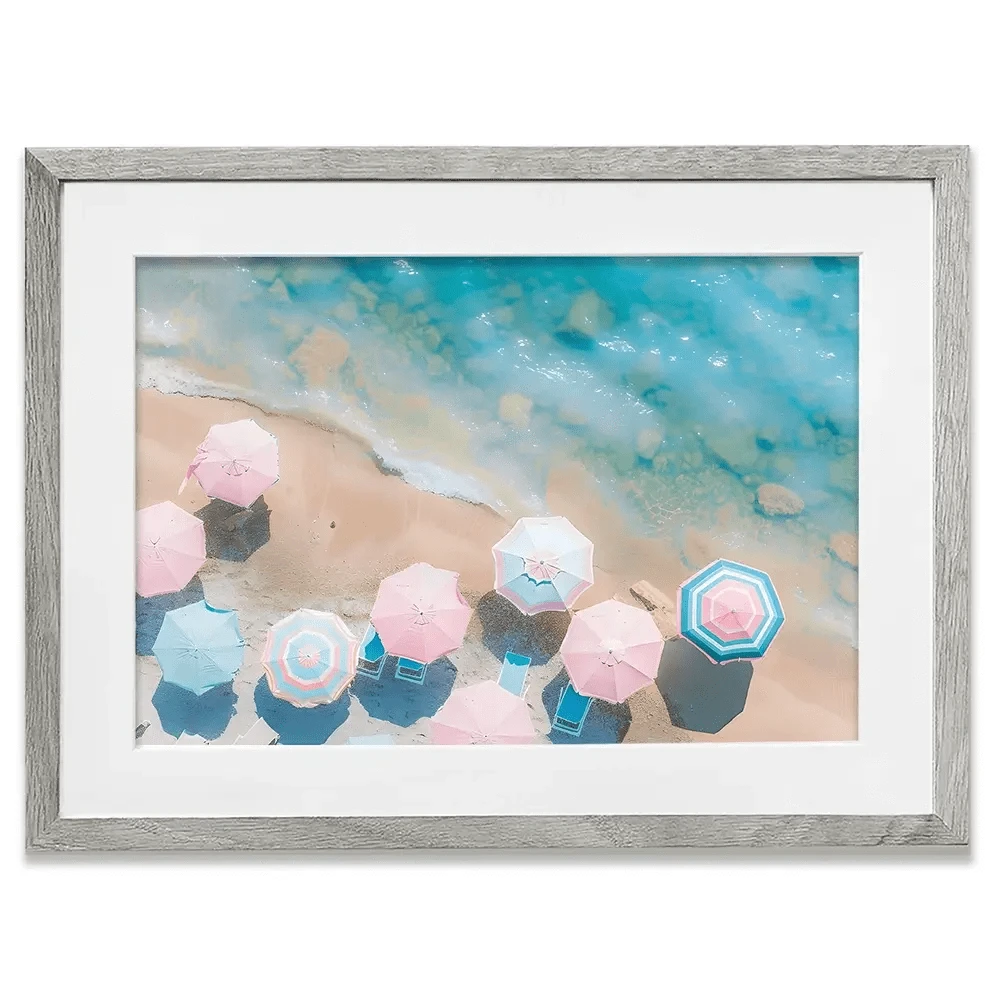 Pastel Beach Umbrellas Framed Art Print Pastel Beach Umbrellas Framed Art Print wall art product Art Print Shop