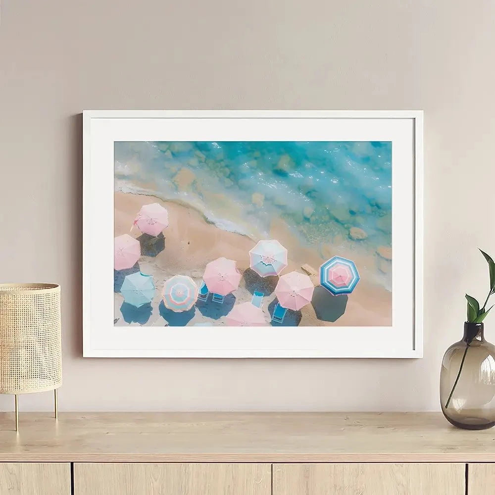 Pastel Beach Umbrellas Framed Art Print Pastel Beach Umbrellas Framed Art Print wall art product Art Print Shop