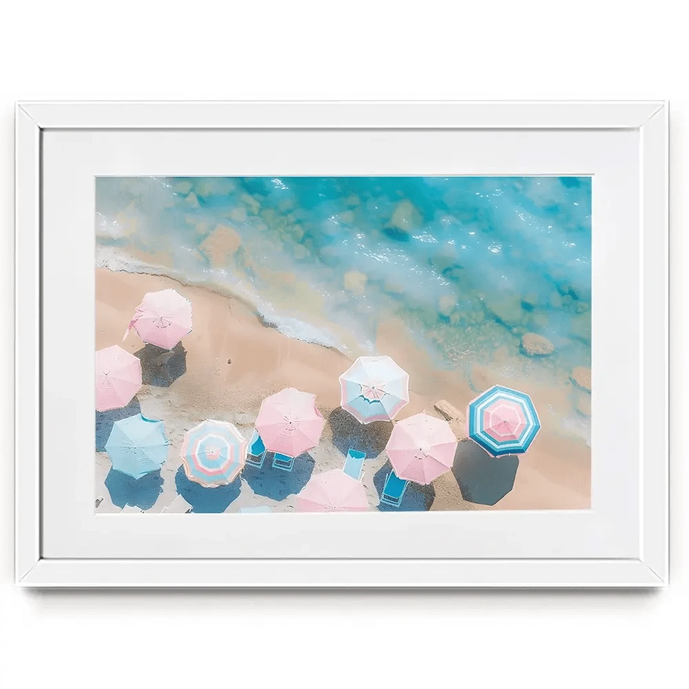 Pastel Beach Umbrellas Framed Art Print Pastel Beach Umbrellas Framed Art Print wall art product Art Print Shop