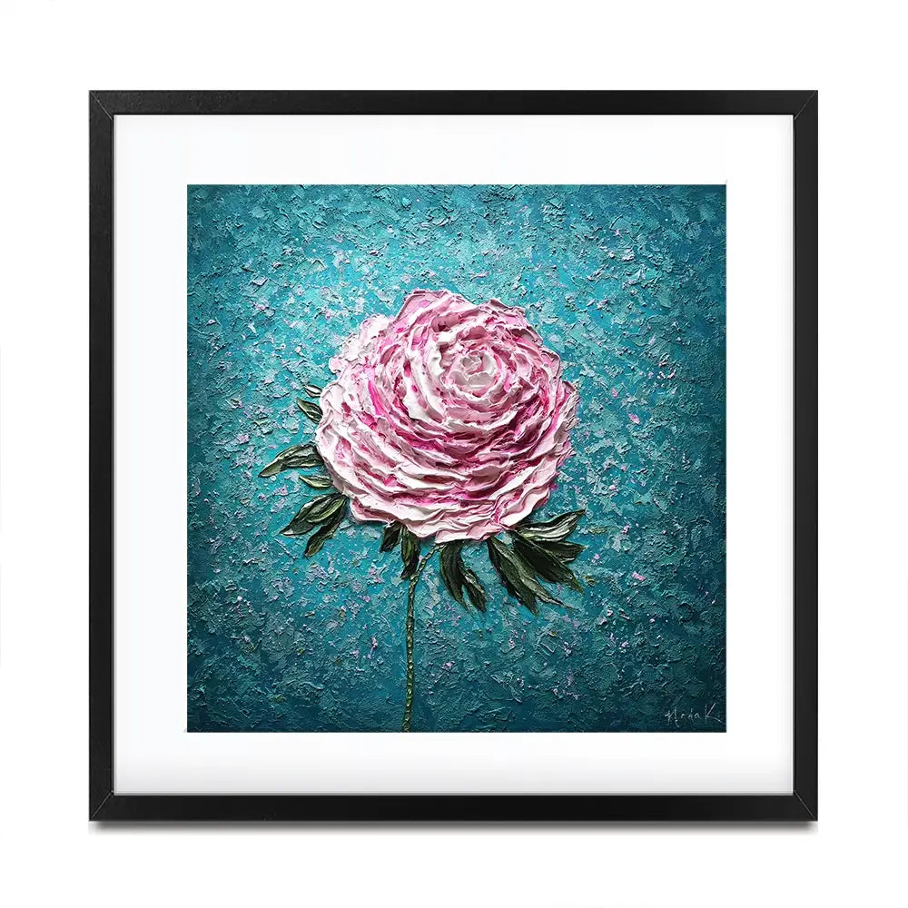 Pink Peony On Blue Square Framed Art Print Pink Peony On Blue Square Framed Art Print wall art product Nada Khatib