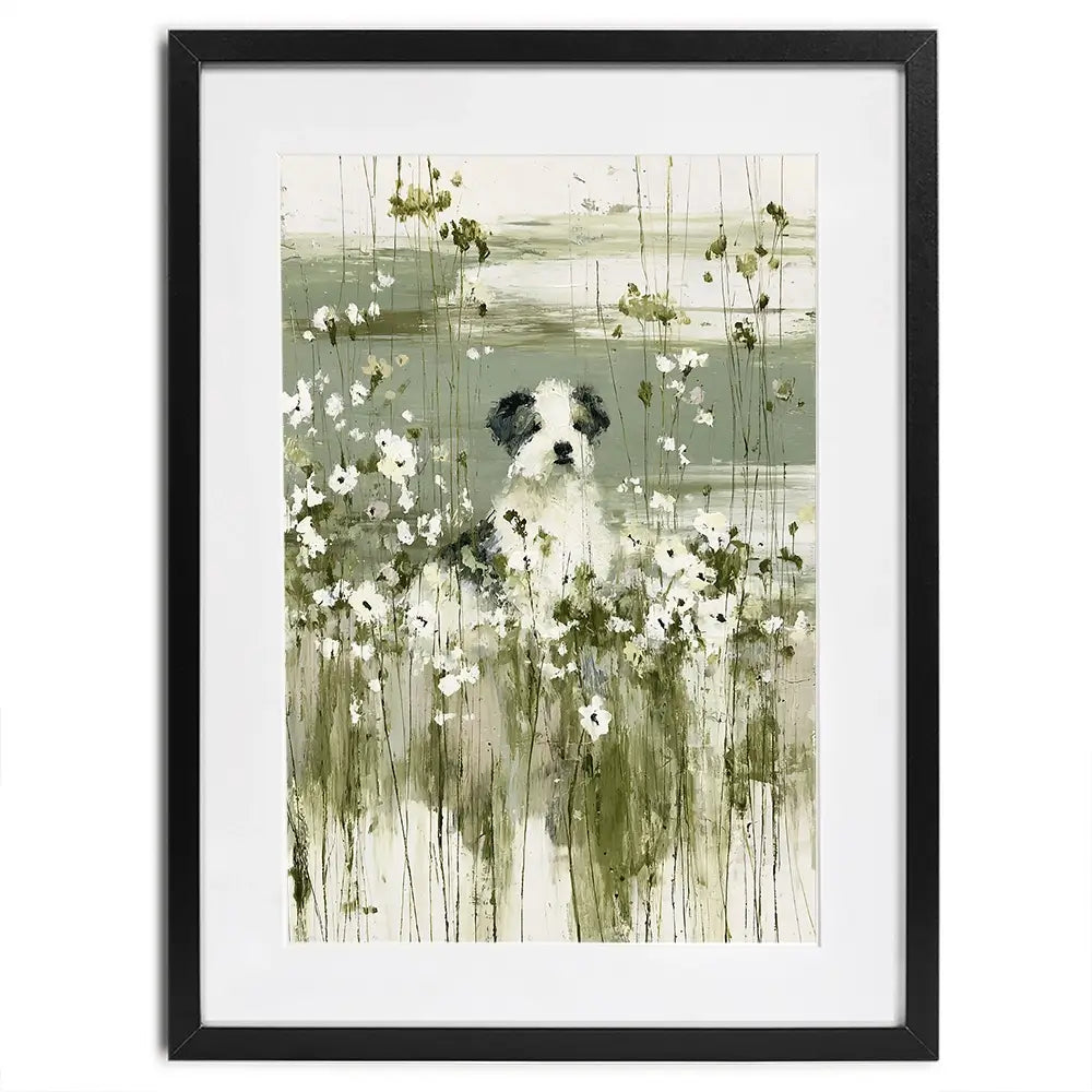 Puppy In The Meadow Framed Art Print Puppy In The Meadow Framed Art Print wall art product Chromatic Storm Studio