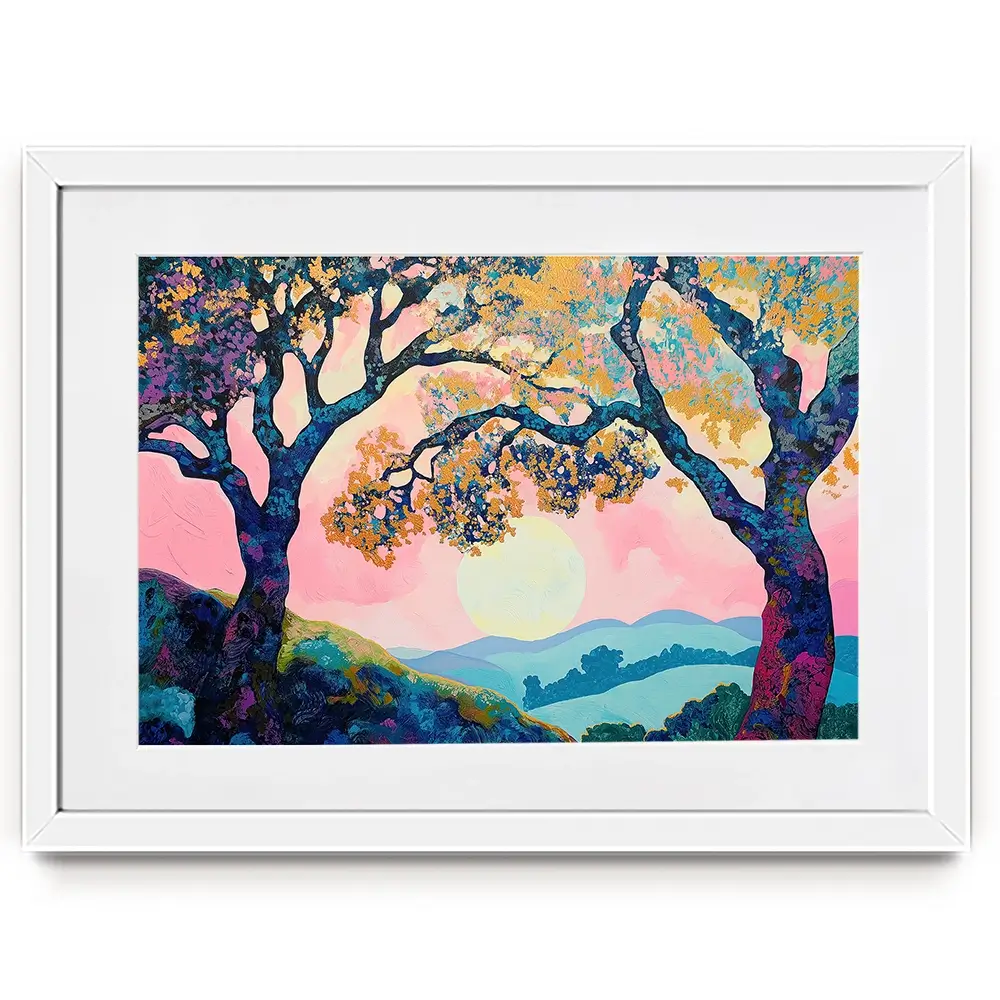 Purple Trees Pink Sunset Framed Art Print Purple Trees Pink Sunset Framed Art Print wall art product Gina Kelly - Independent