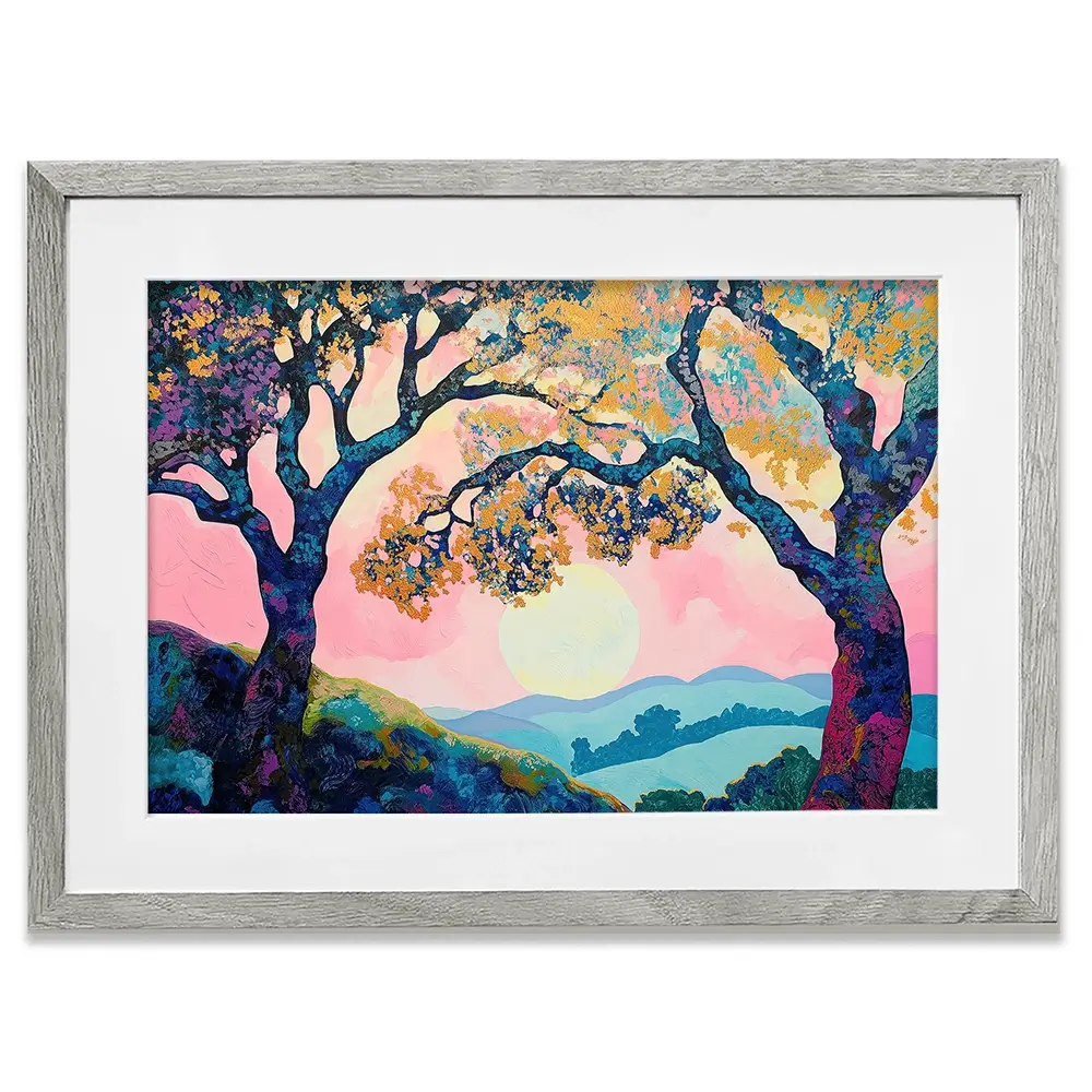 Purple Trees Pink Sunset Framed Art Print Purple Trees Pink Sunset Framed Art Print wall art product Gina Kelly - Independent