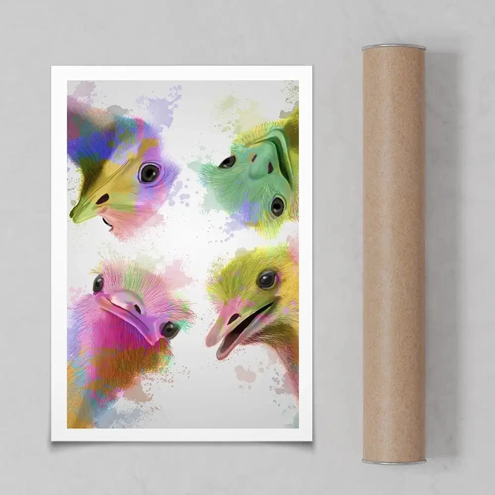 Rainbow Splash Four Ostriches Art Print Rainbow Splash Four Ostriches Art Print wall art product Fab Funky