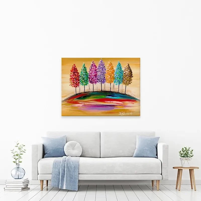 Rainbow Trees On The Hill Canvas Print Rainbow Trees On The Hill Canvas Print wall art product Estelle Grengs - Independent