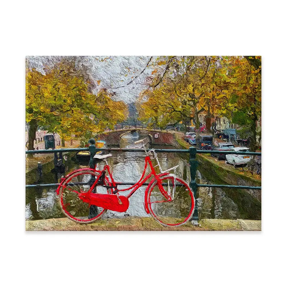 Red Bike In Amsterdam Canvas Print Red Bike In Amsterdam Canvas Print wall art product Wut_Moppie / Shutterstock