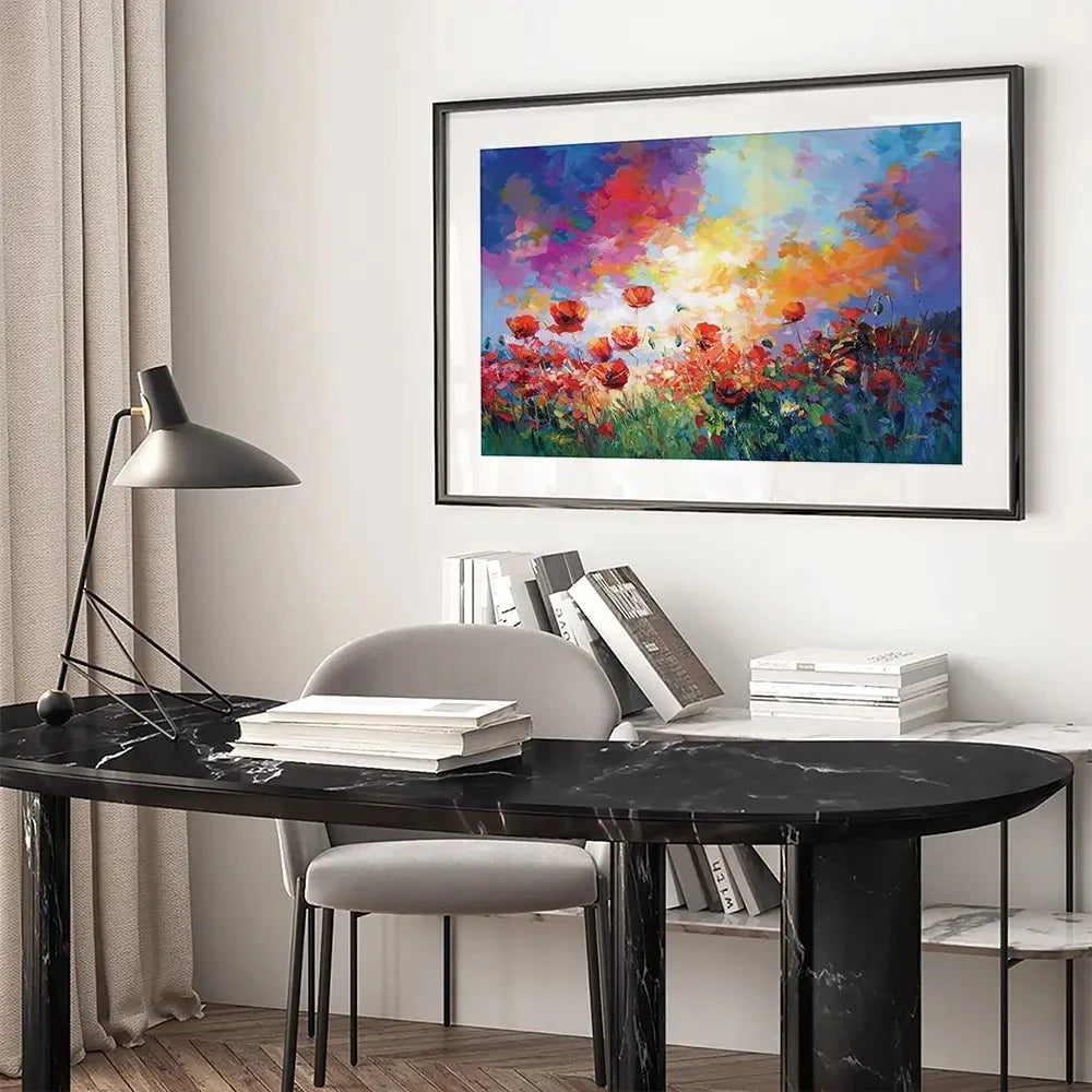 Red Poppy Flower Field At Sunset Framed Art Print Red Poppy Flower Field At Sunset Framed Art Print wall art product Leon Devenice