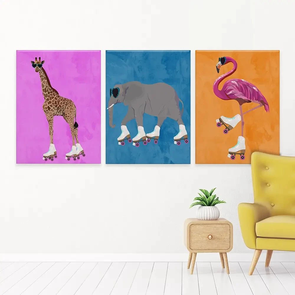 Rollerskating Crew Trio Canvas Print Rollerskating Crew Trio Canvas Print | Animal Trio Canvas wall art product Sarah Manovski