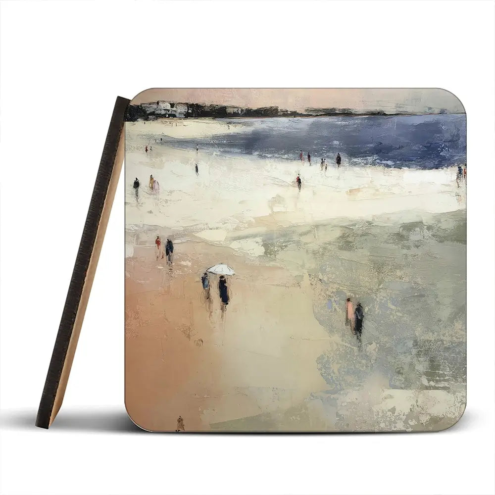 Sandy Beach With White Umbrella Coaster Set Sandy Beach With White Umbrella Coaster Set wall art product Chromatic Storm Studio