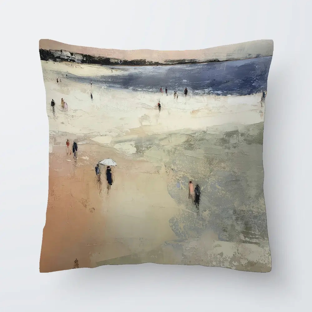 Sandy Beach With White Umbrella Cushion Sandy Beach With White Umbrella Cushion wall art product Chromatic Storm Studio