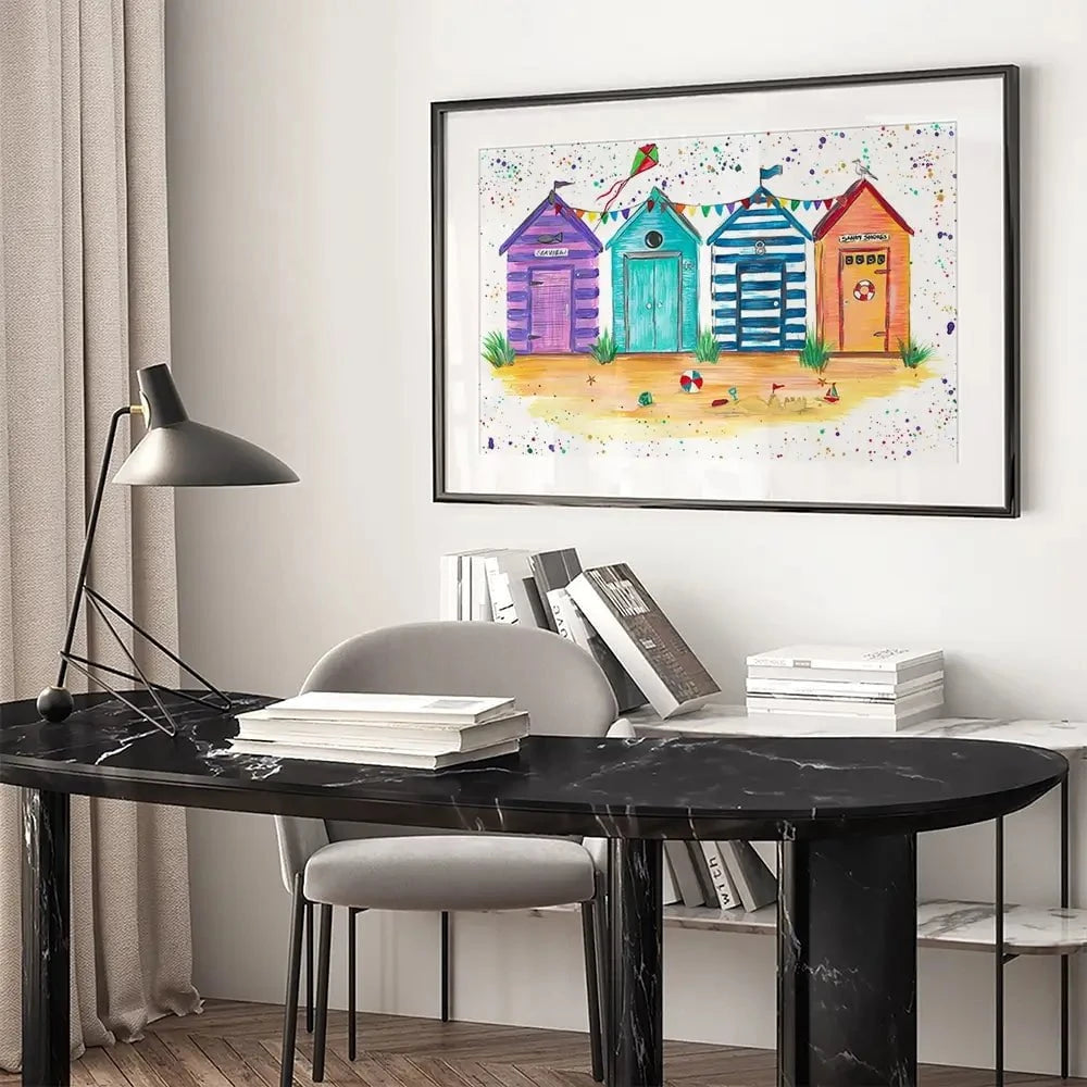 Sandy Shore Beach Huts Framed Art Print Sandy Shore Beach Huts Framed Art Print wall art product Emma LC Art