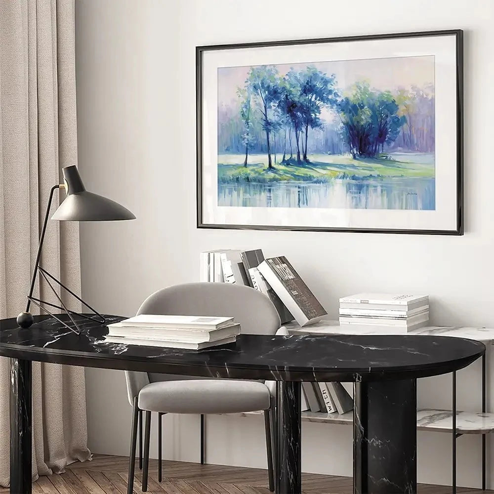 Serene Trees By A Reflective River Framed Art Print Serene Trees By A Reflective River Framed Art Print wall art product Leon Devenice