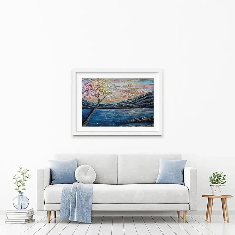 Somewhere Peachy Blue Framed Art Print Somewhere Peachy Blue Framed Art Print wall art product Nada Khatib