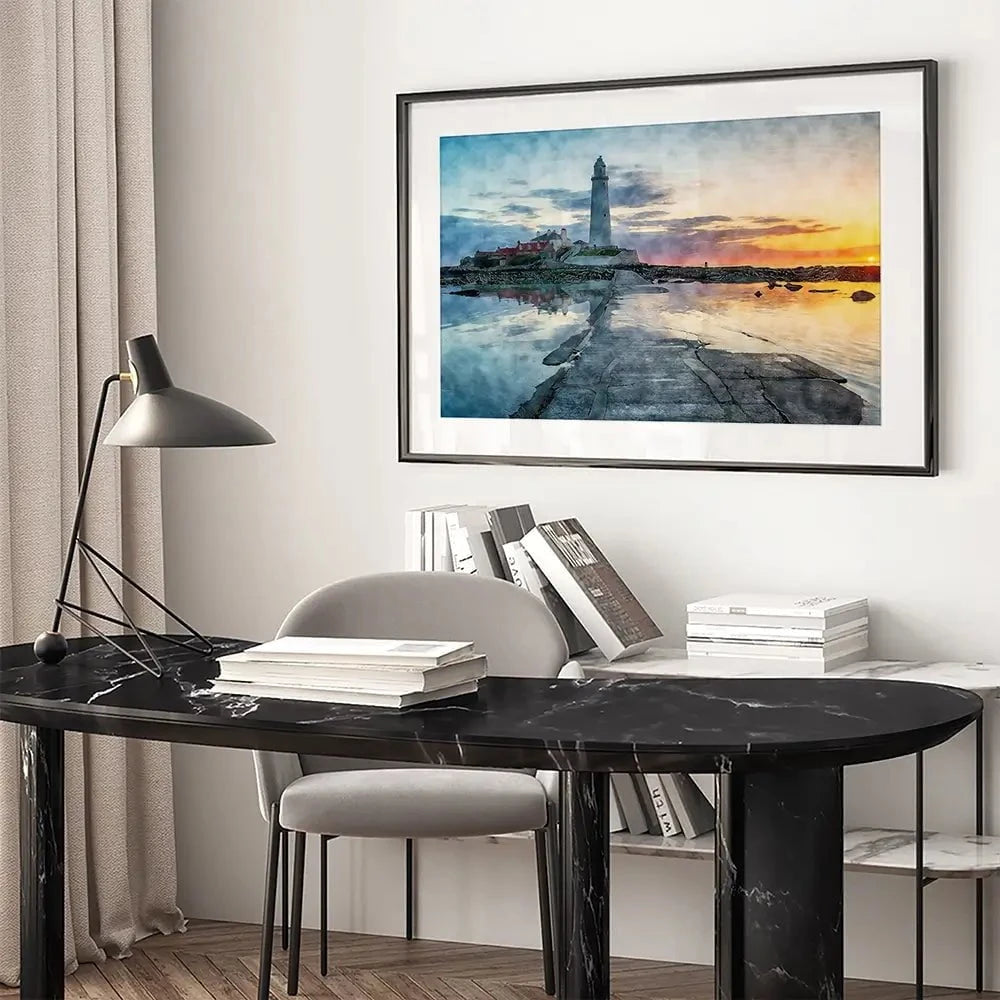 Sunrise Over A Lighthouse Framed Art Print Sunrise Over A Lighthouse Framed Art Print wall art product Helen Hotson / Shutterstock