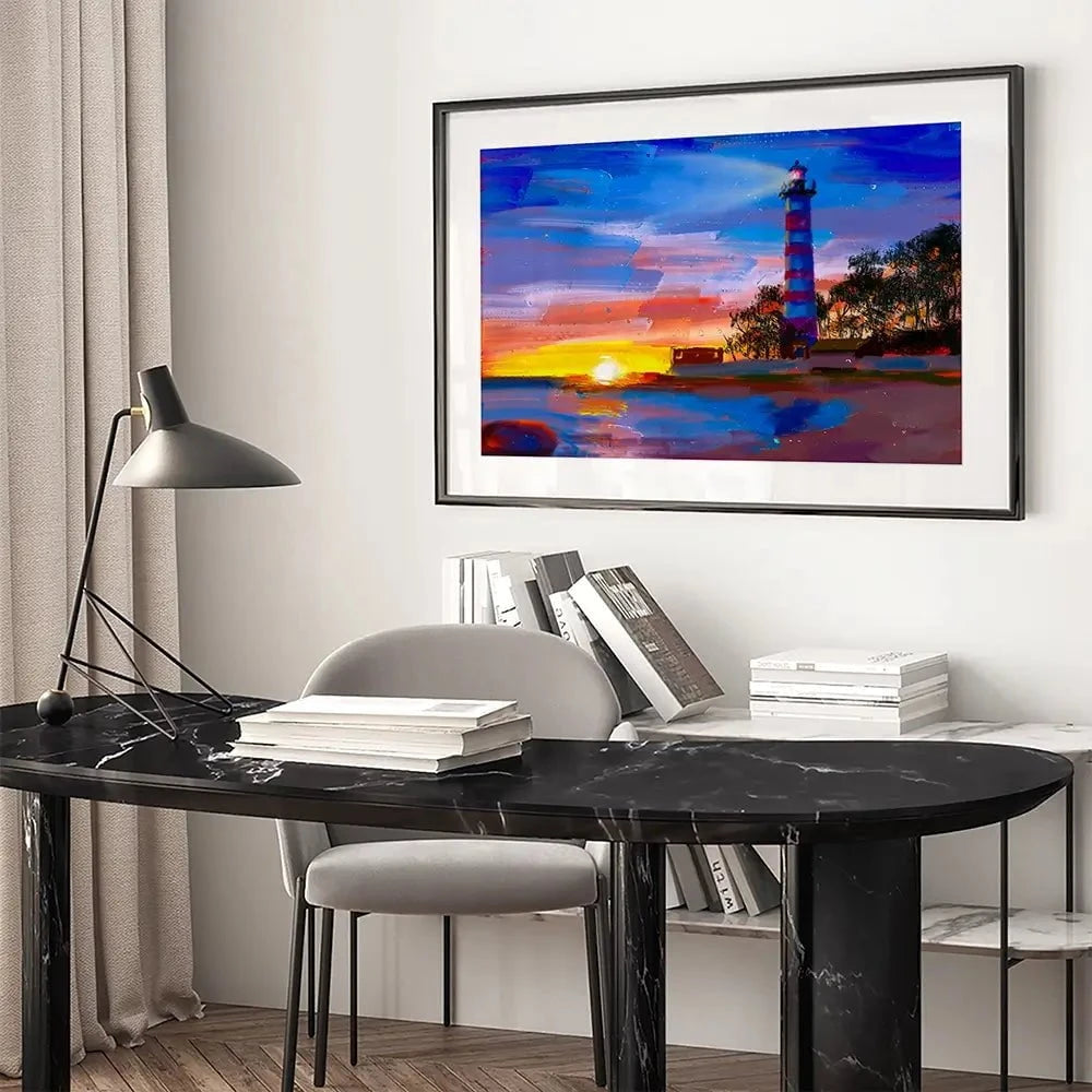 Sunset Lighthouse Scene Framed Art Print Sunset Lighthouse Scene Framed Art Print wall art product Valenty / Shutterstock