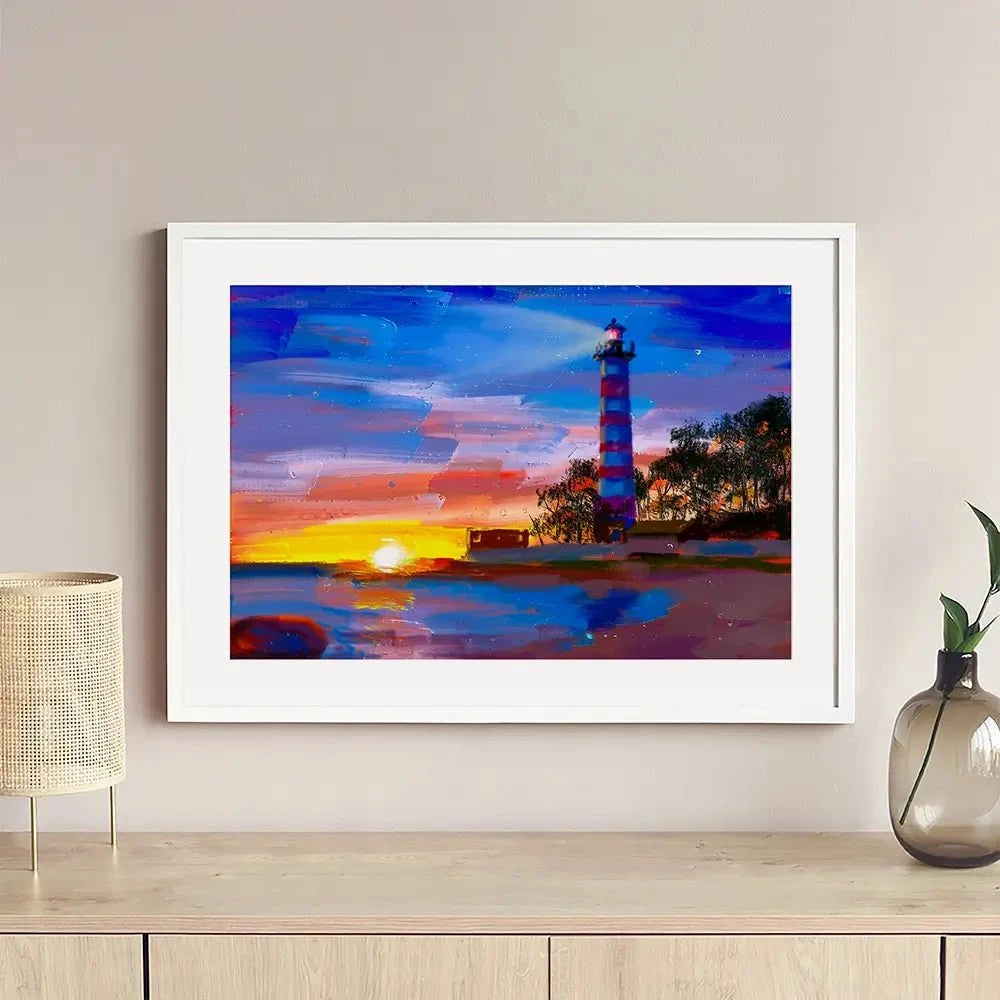 Sunset Lighthouse Scene Framed Art Print Sunset Lighthouse Scene Framed Art Print wall art product Valenty / Shutterstock