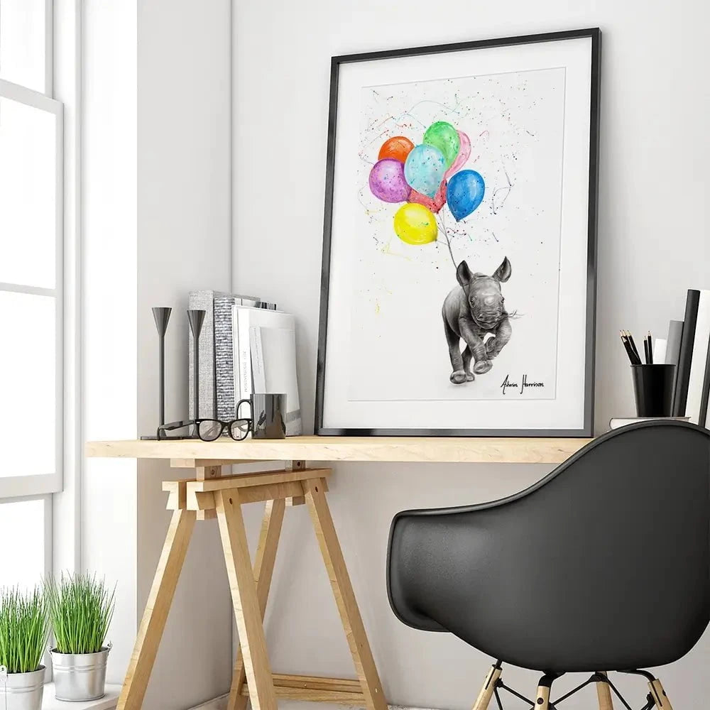 The Rhino And The Balloons Framed Art Print The Rhino And The Balloons Framed Art Print wall art product Ashvin Harrison