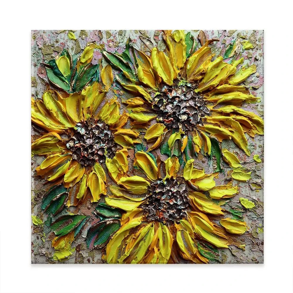 Three Happy Sunflowers Square Canvas Print Three Happy Sunflowers Square Canvas Print wall art product Nada Khatib