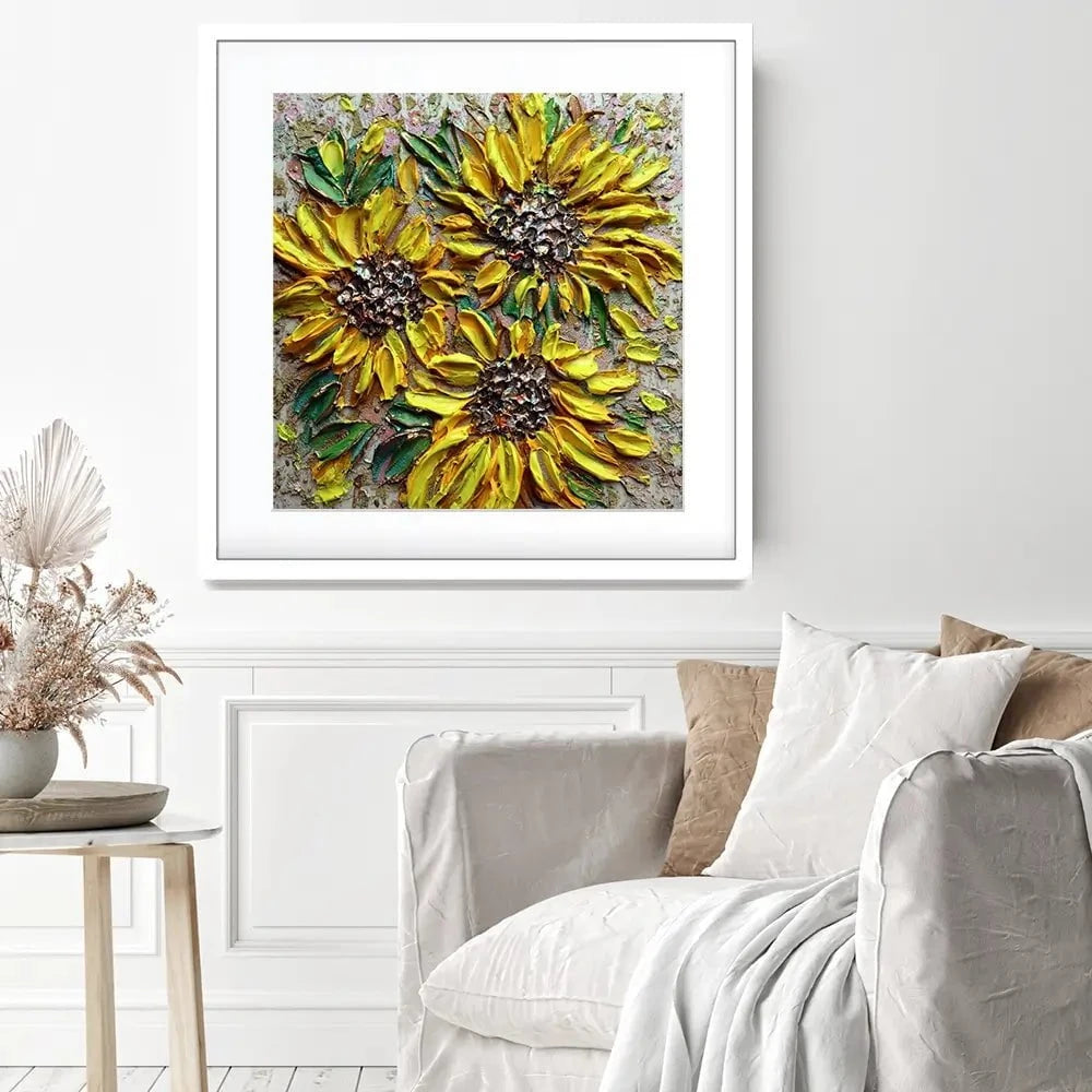 Three Happy Sunflowers Square Framed Art Print Three Happy Sunflowers Square Framed Art Print wall art product Nada Khatib