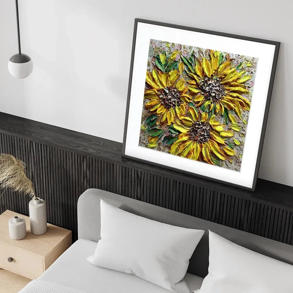 Three Happy Sunflowers Square Framed Art Print Three Happy Sunflowers Square Framed Art Print wall art product Nada Khatib