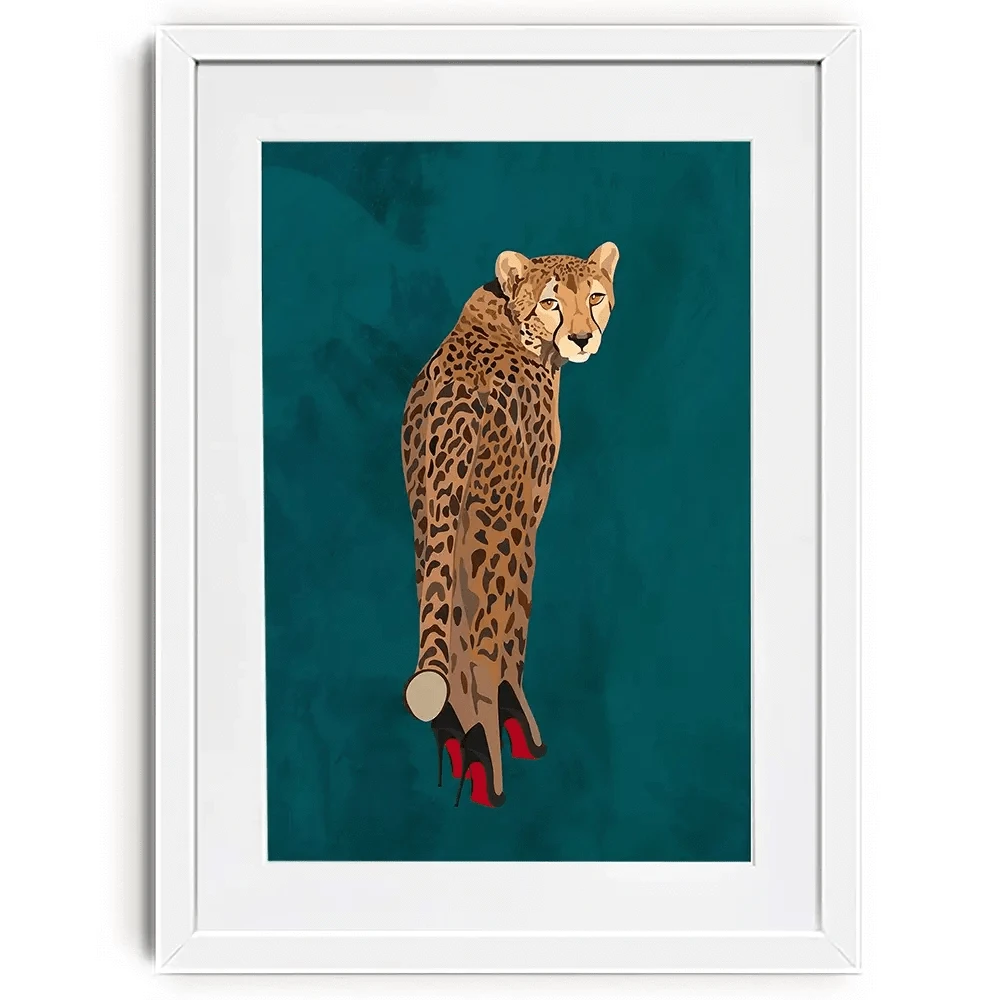 Turquoise Cheetah Wearing Heels Framed Art Print Turquoise Cheetah Wearing Heels Framed Art Print wall art product Sarah Manovski