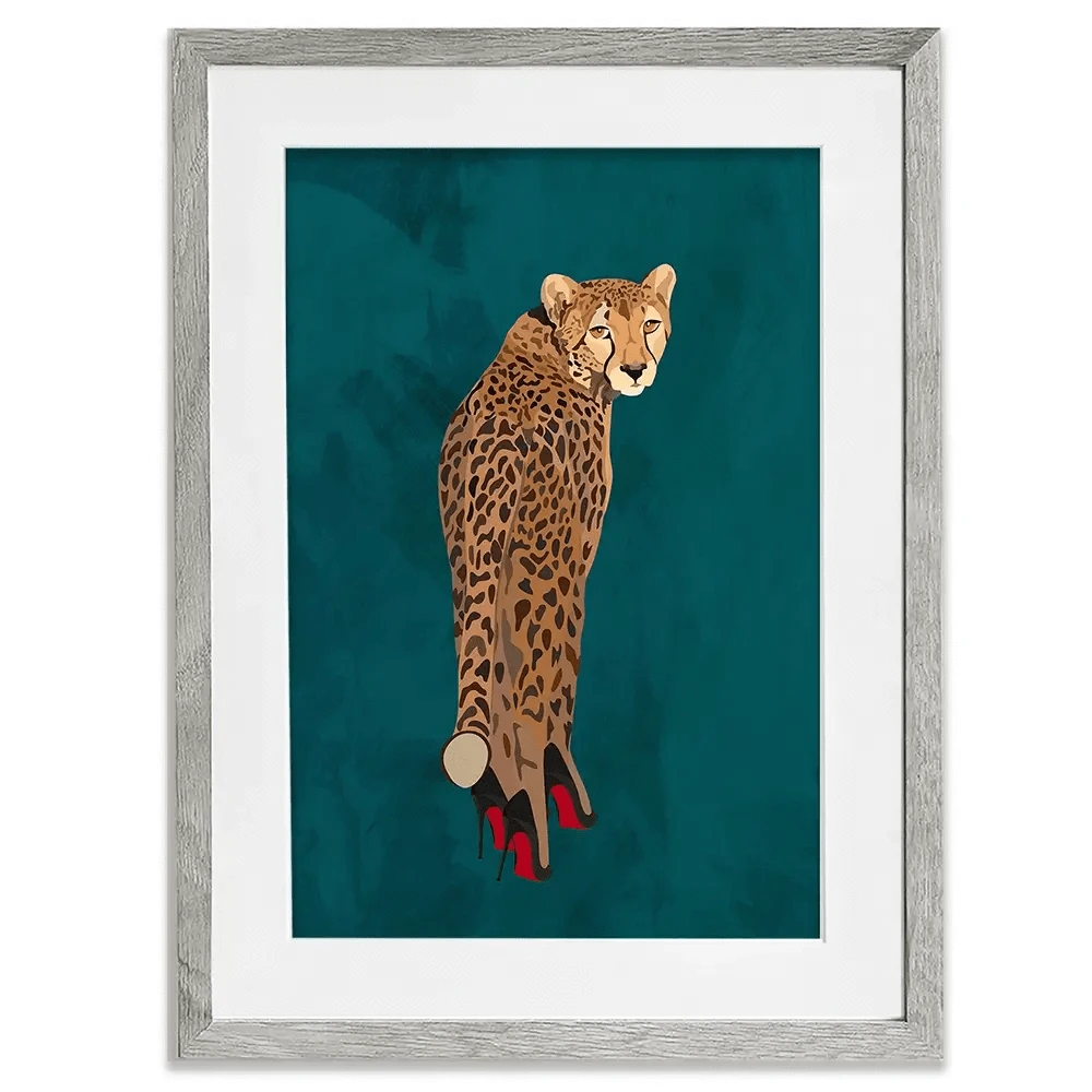 Turquoise Cheetah Wearing Heels Framed Art Print Turquoise Cheetah Wearing Heels Framed Art Print wall art product Sarah Manovski