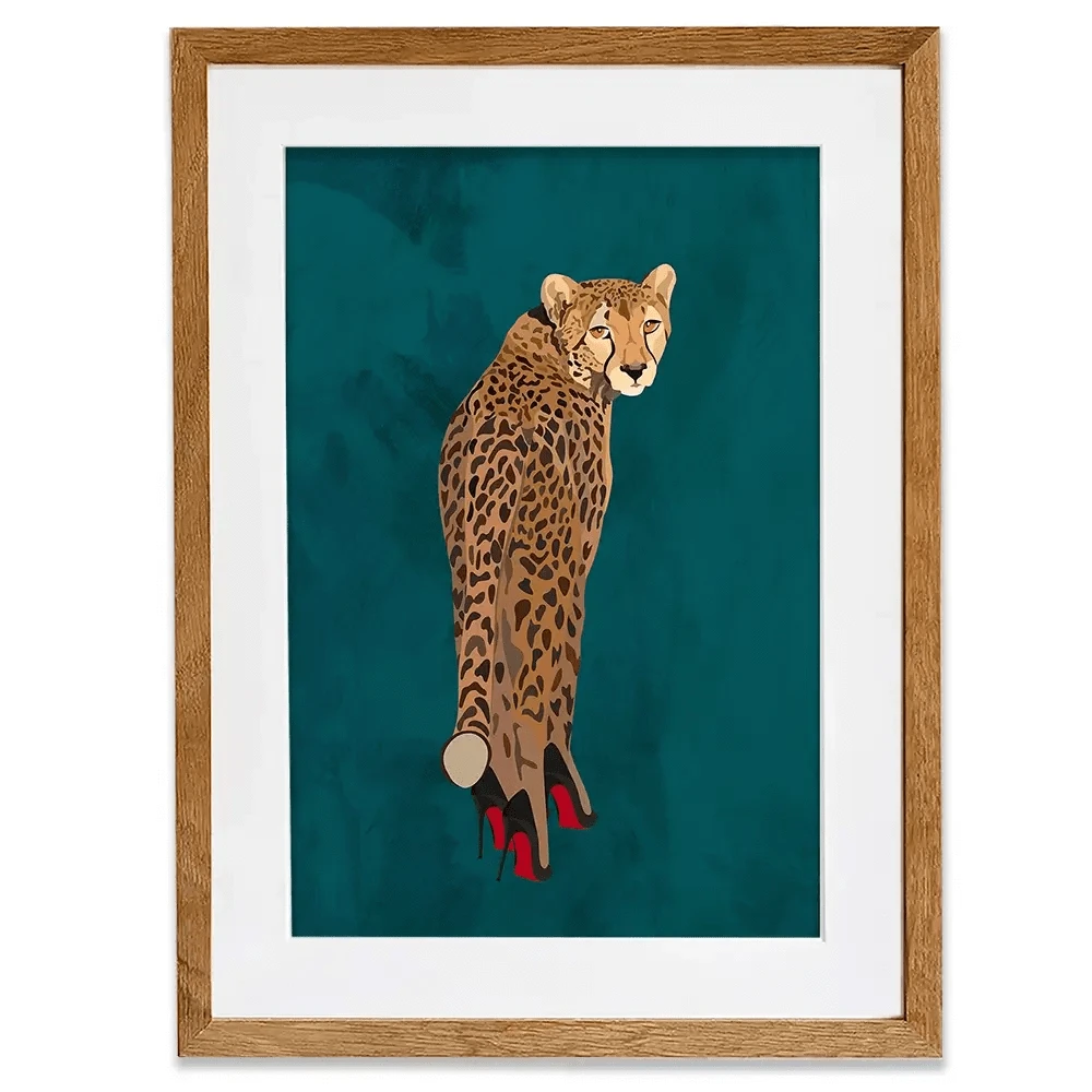 Turquoise Cheetah Wearing Heels Framed Art Print Turquoise Cheetah Wearing Heels Framed Art Print wall art product Sarah Manovski