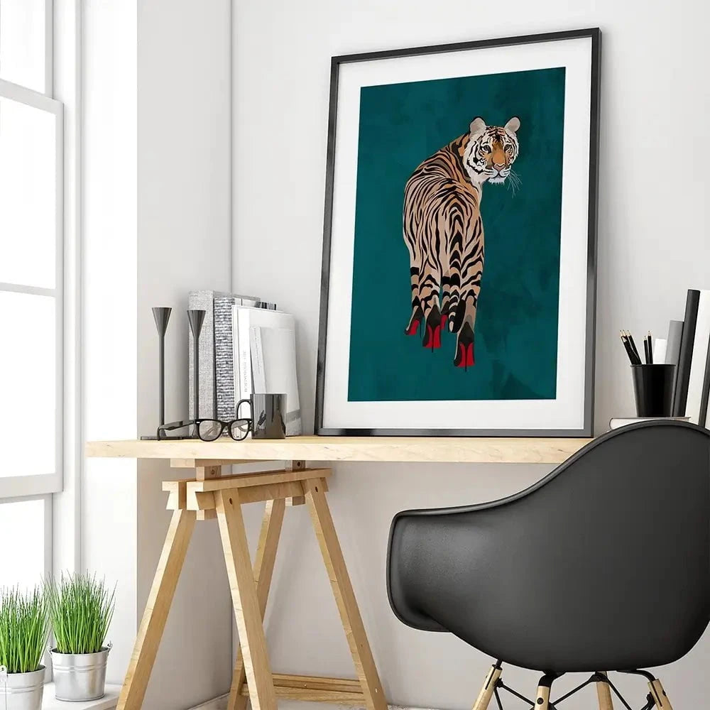 Turquoise Tiger Wearing Heels Framed Art Print Turquoise Tiger Wearing Heels Framed Art Print wall art product Sarah Manovski