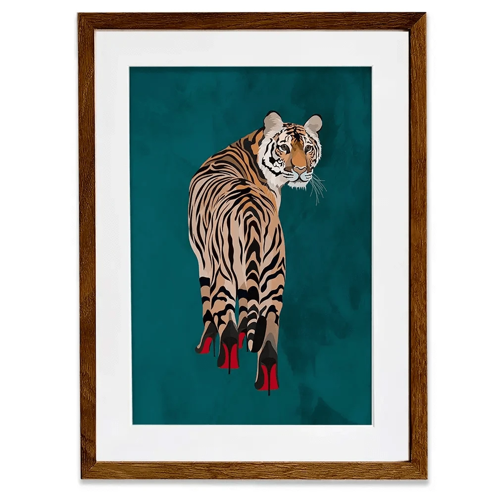Turquoise Tiger Wearing Heels Framed Art Print Turquoise Tiger Wearing Heels Framed Art Print wall art product Sarah Manovski