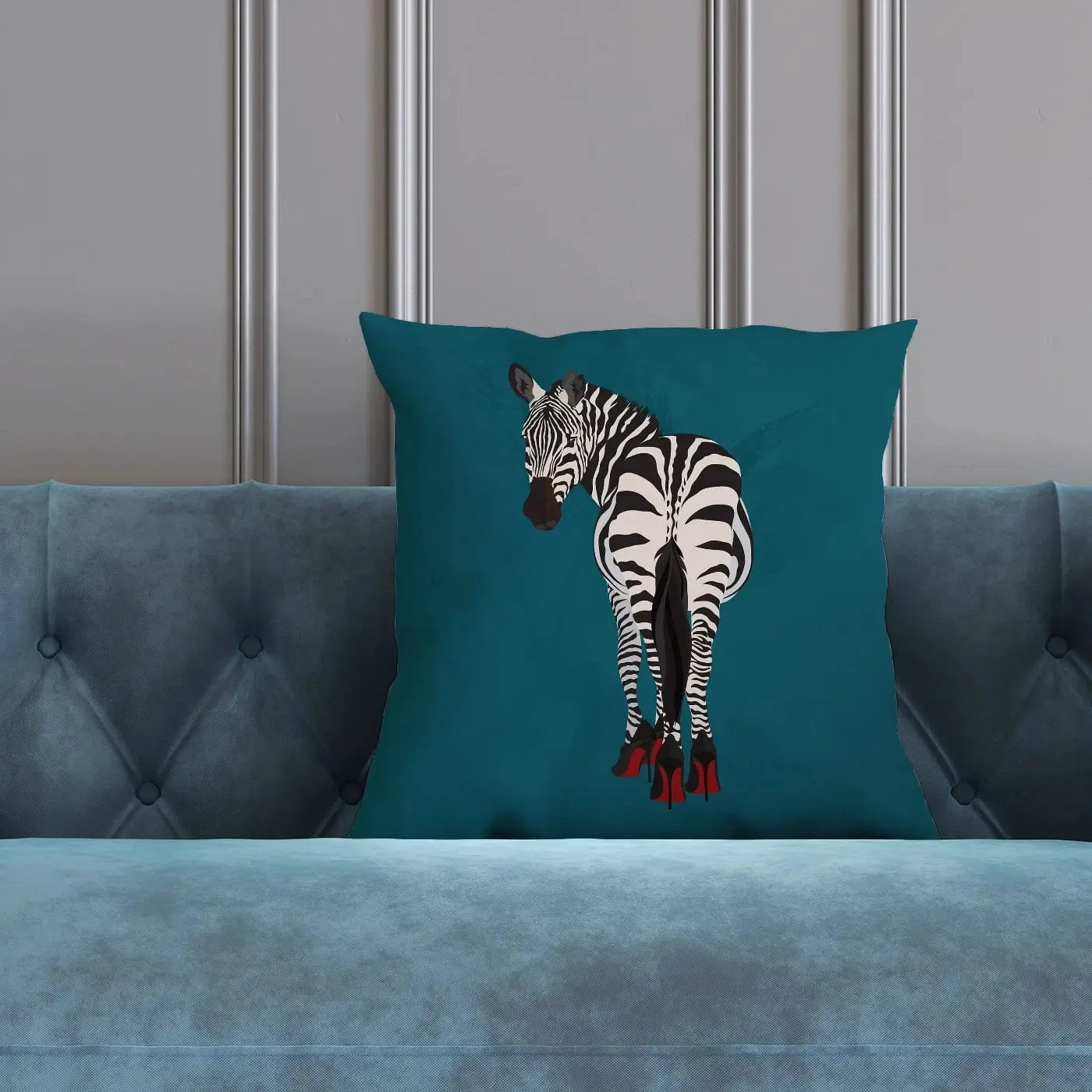 Turquoise Zebra Wearing Heels Cushion Turquoise Zebra Wearing Heels Cushion wall art product Sarah Manovski