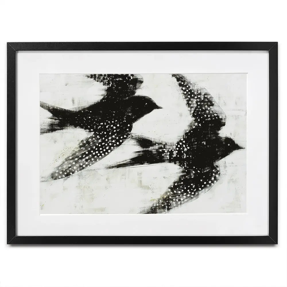 Two Songbirds In Flight Framed Art Print Two Songbirds In Flight Framed Art Print wall art product Chromatic Storm Studio