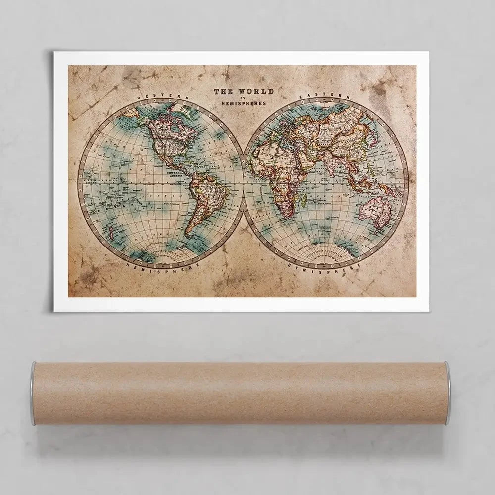 Vintage World Hemisphere Map In Colour Art Print Vintage World Hemisphere Map In Colour Art Print wall art product RTimages / Shutterstock