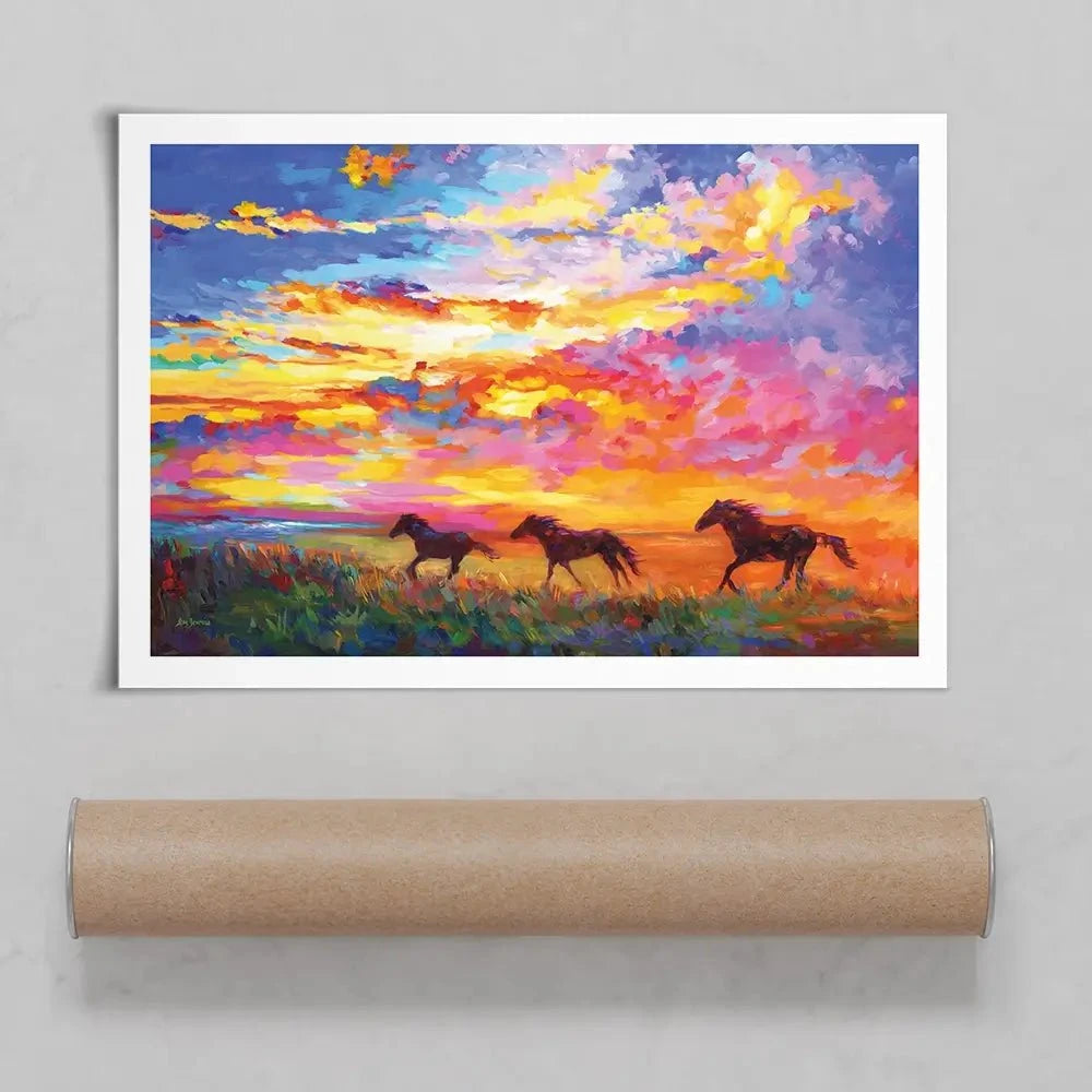 Wild Horses Running At Sunset Art Print Wild Horses Running At Sunset Art Print wall art product Leon Devenice