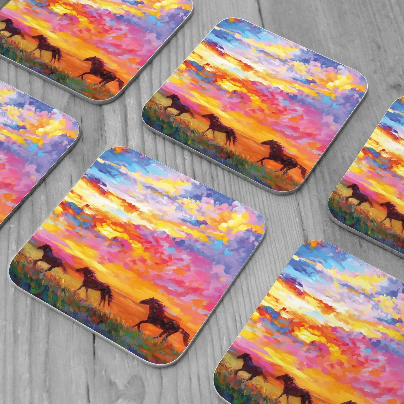 Wild Horses Running At Sunset Coaster Set Rainbow Soul Tree Coaster Set | Rainbow Soul Tree Art Coasters wall art product Leon Devenice