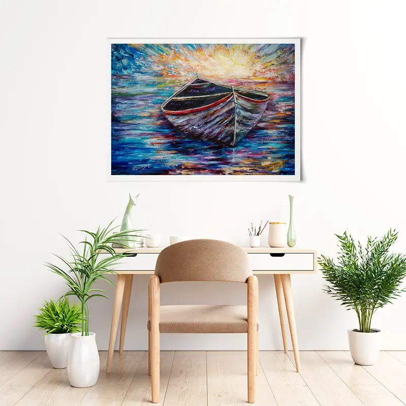 Wooden Boat At Sunrise Art Print Wooden Boat At Sunrise Art Print wall art product Lena Owens - Independent