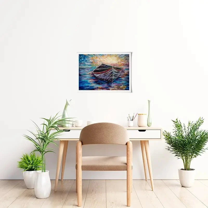 Wooden Boat At Sunrise Art Print Wooden Boat At Sunrise Art Print wall art product Lena Owens - Independent