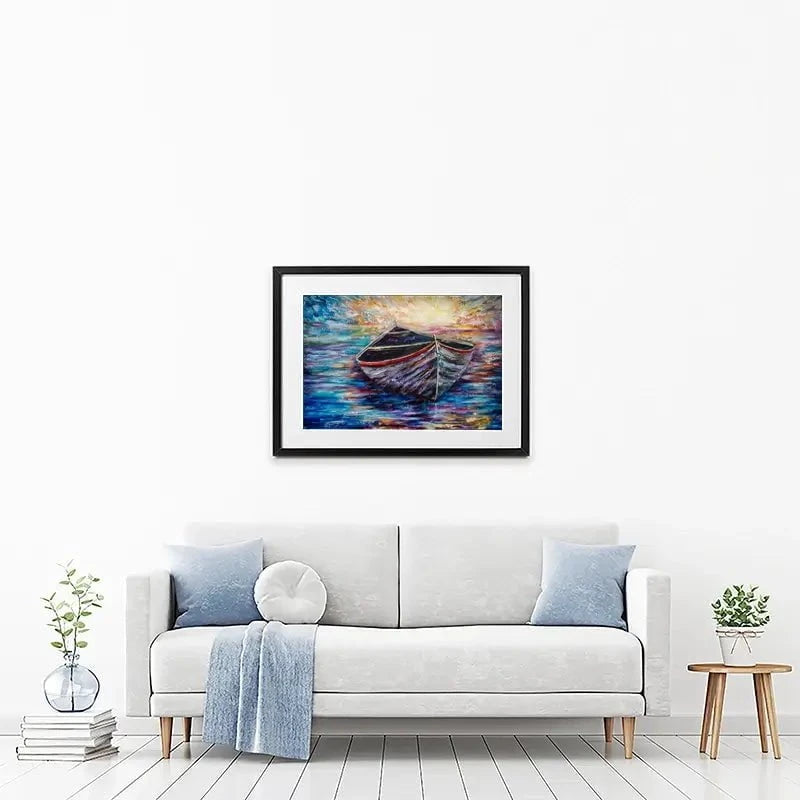 Wooden Boat At Sunrise Framed Art Print Wooden Boat At Sunrise Framed Art Print wall art product Lena Owens - Independent