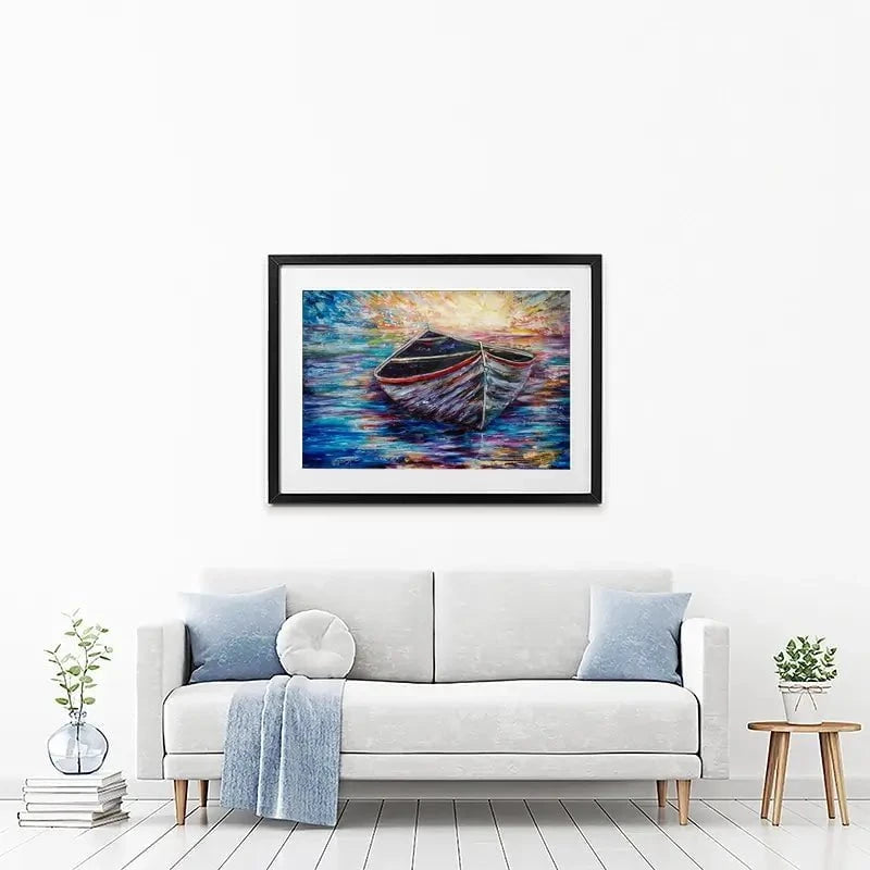 Wooden Boat At Sunrise Framed Art Print Wooden Boat At Sunrise Framed Art Print wall art product Lena Owens - Independent