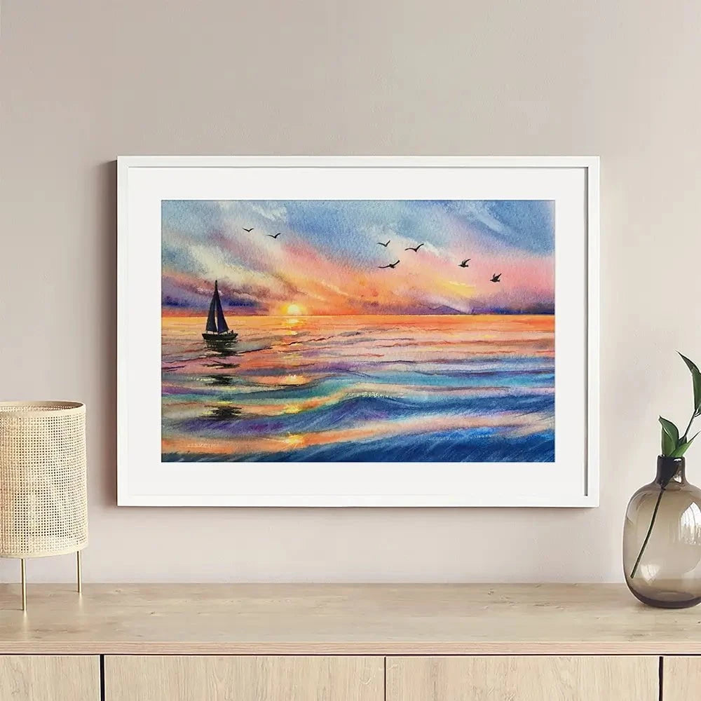 Yacht At Sunset Framed Art Print Yacht At Sunset Framed Art Print wall art product EL_Art / Shutterstock