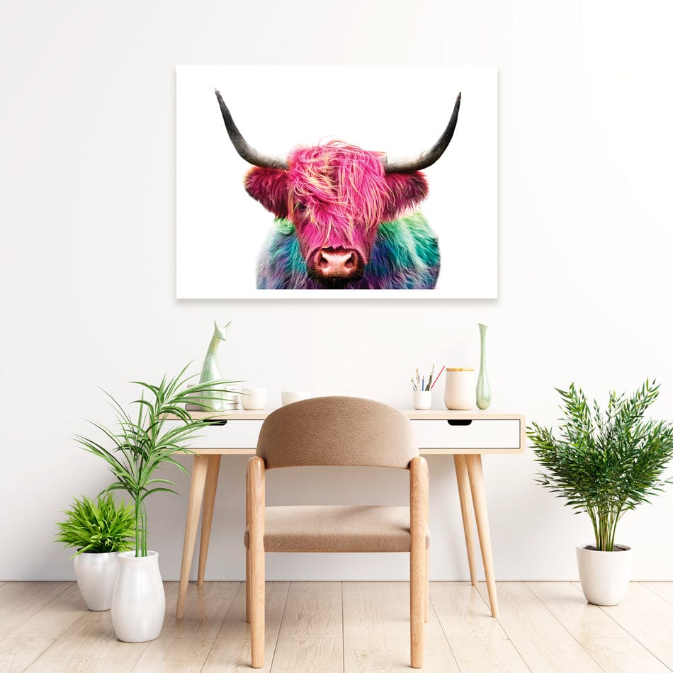 Colourful Pink Highland Cow Art Print wall art product Patricia Chumillas / Shutterstock