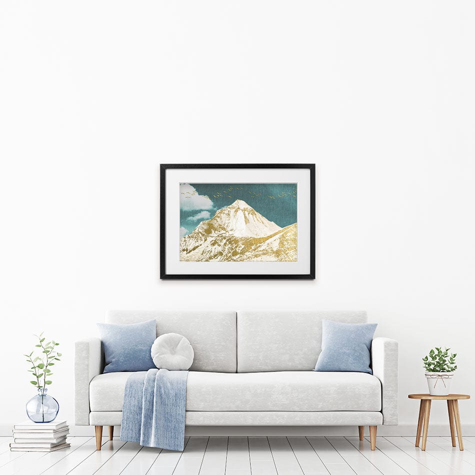 Golden Teal Mountains Framed Art Print wall art product jesseyy / Shutterstock
