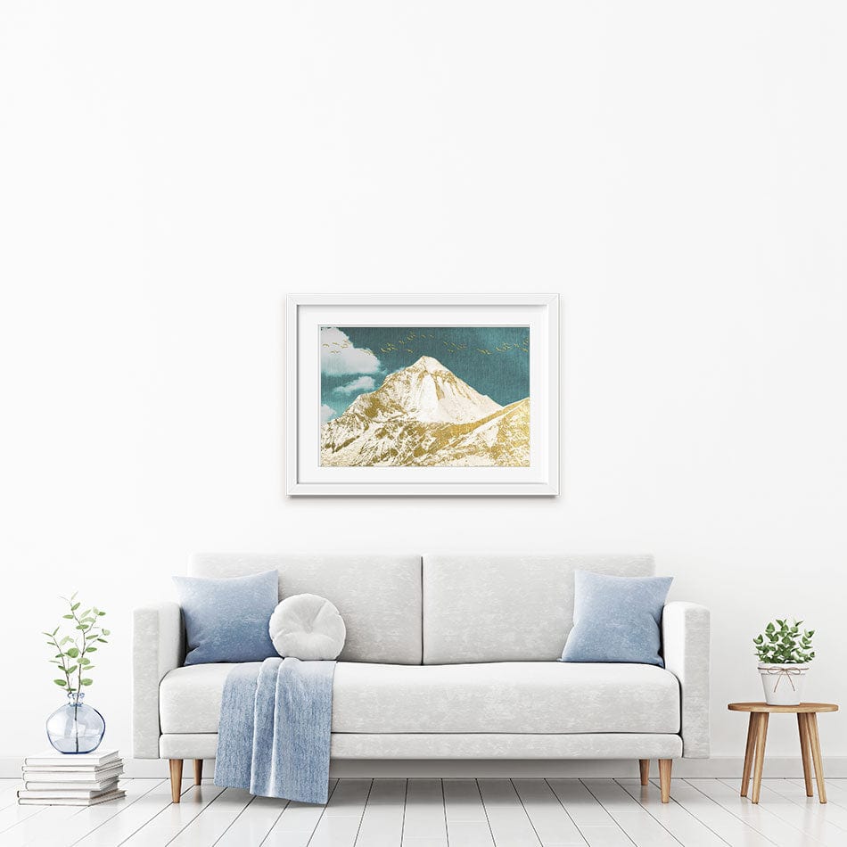 Golden Teal Mountains Framed Art Print wall art product jesseyy / Shutterstock