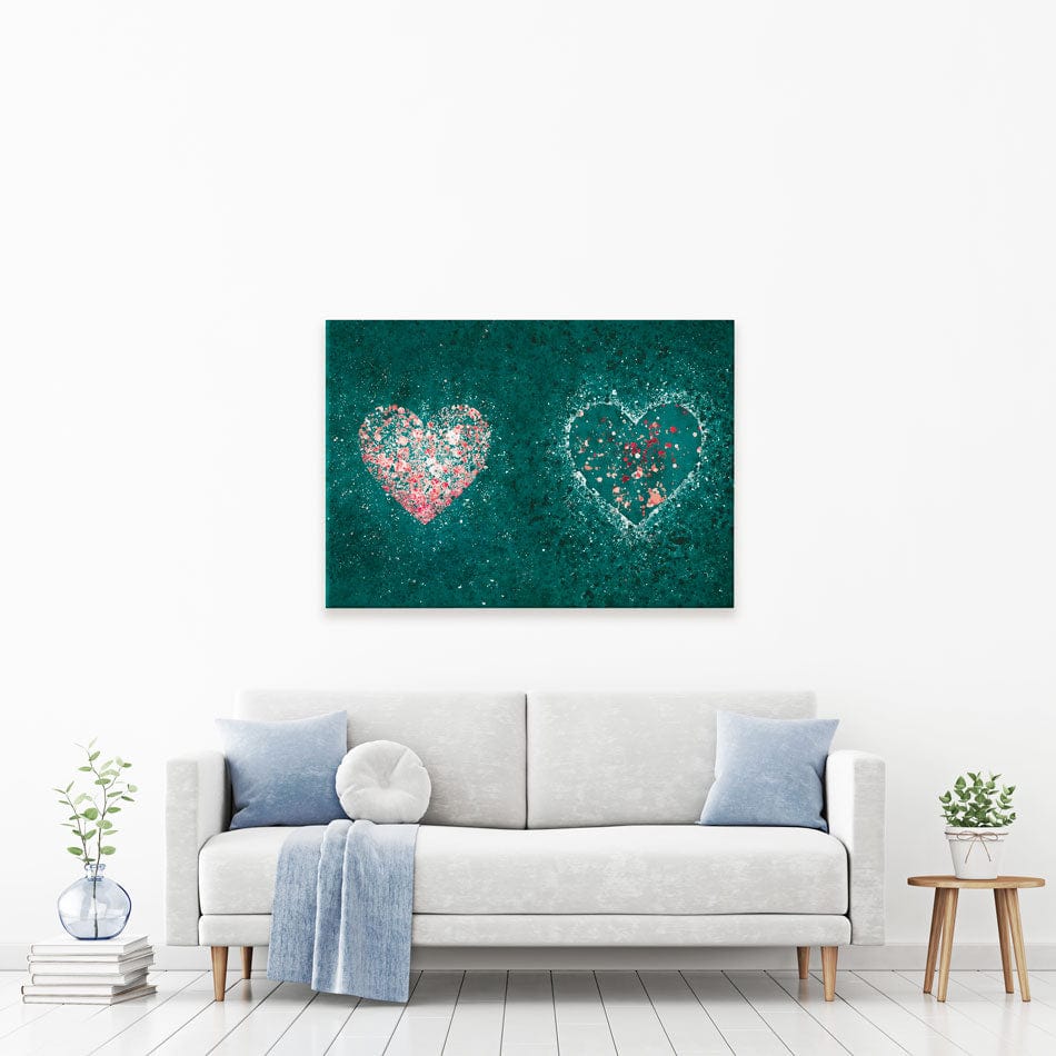 Green Hearts Splatter Canvas Print wall art product J Tonges / Independent