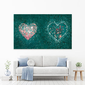 Green Hearts Splatter Canvas Print wall art product J Tonges / Independent