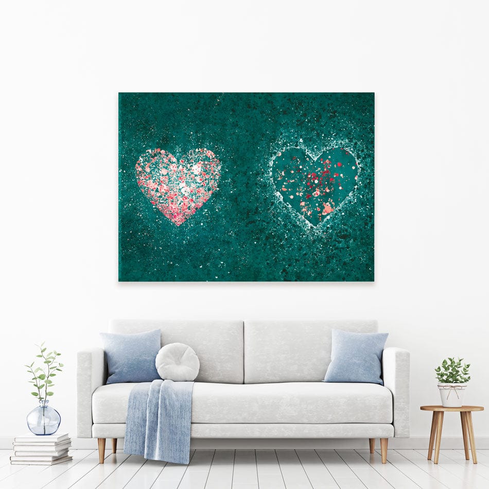 Green Hearts Splatter Canvas Print wall art product J Tonges / Independent