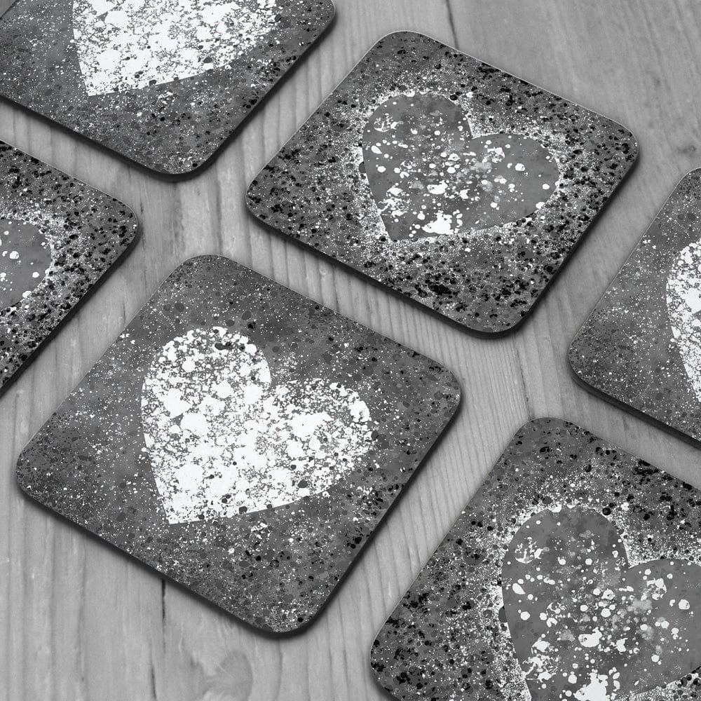 Grey And White Hearts Splatter Coaster Set wall art product J Tonges / Independent